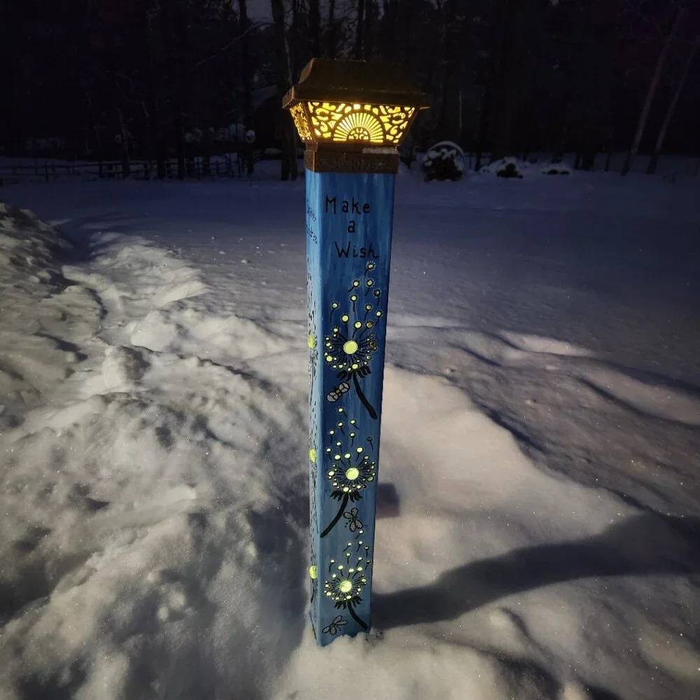 Dandelion Garden Peace Pole Hand Painted w/ Solar Light Cap